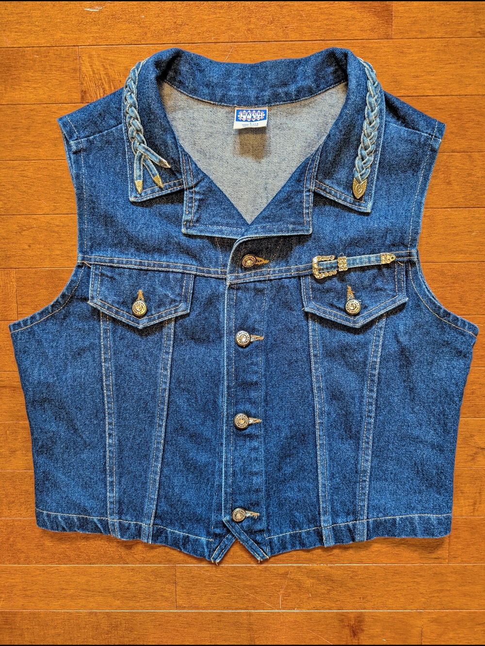 Vtg 90s Watch L.A. Rhinestone Silver Tips Braided Denim Vest USA Made Women's L